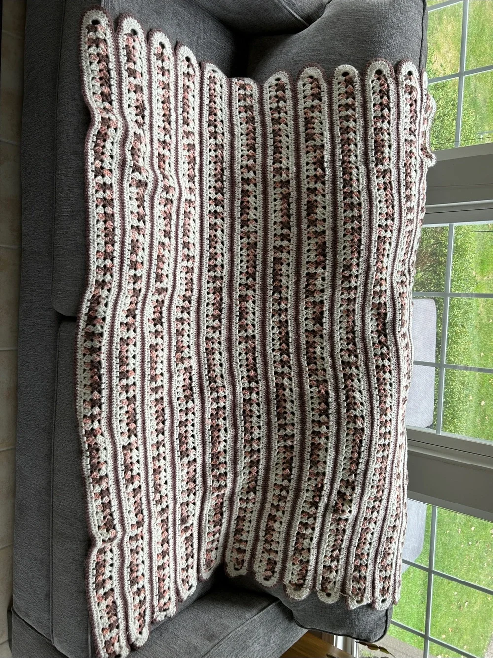 Handmade Crochet Mile-A-Minute Throw Blanket in Taupe, Cream and Blush